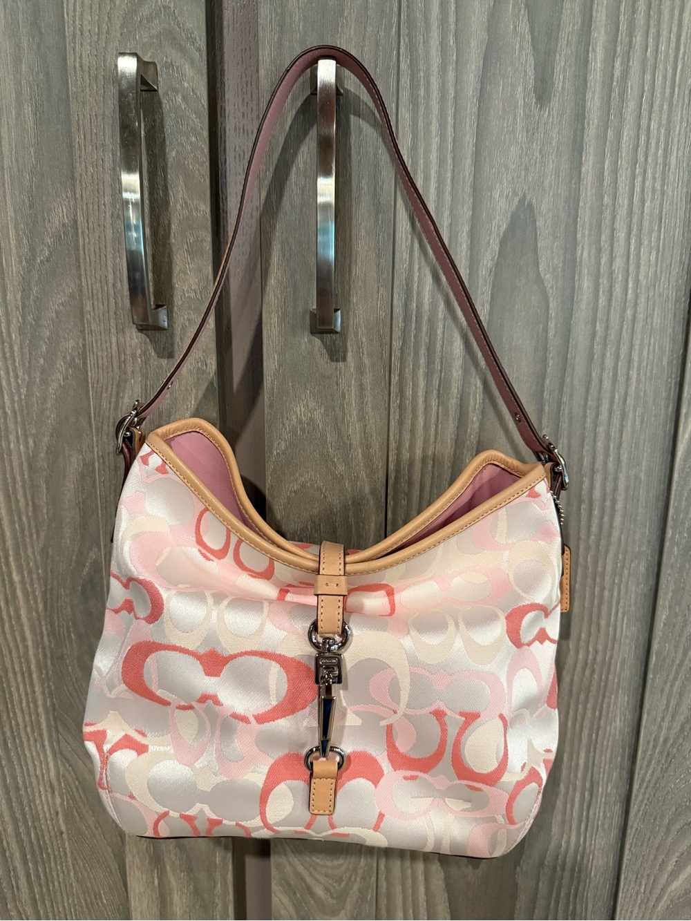 Coach Optic Pink Logo-Print Shoulder Bag with Tan Trim
